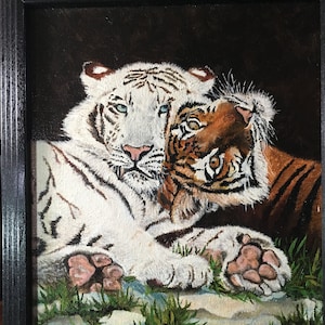 Two tigers oil painting 9x12 framed and pics of same embroidered
