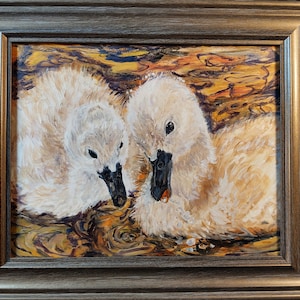 Cygnets catch framed 8x10 original oil painting by me, baby swans water scene