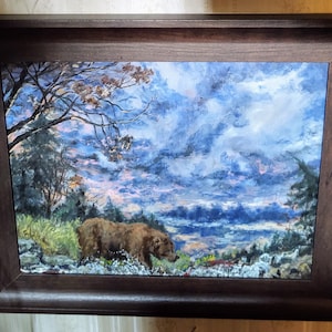 Original painting by me &quot;gone fishing” impressionistic bear 11x14 oil on hardboard framed