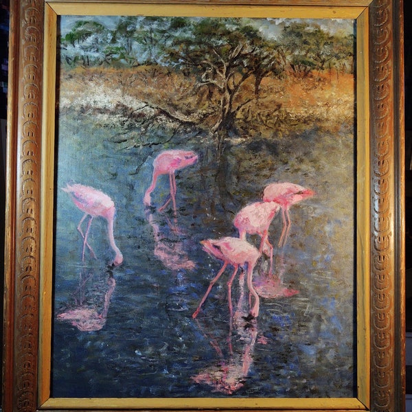 Original painting by me Impressionistic "Lake nakuru flamingos" oil 16x20 framed