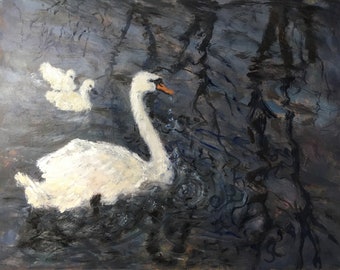 11x14 now 25 dollars less “Three swans a swimming ” 11x14 oil on hardboard framed