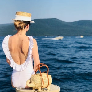 Short Brim Straw Boater Hat, boater hat with decorative brim, unique summer hat, beach hat, summer hat, beach hat, white hat,ships from USA.