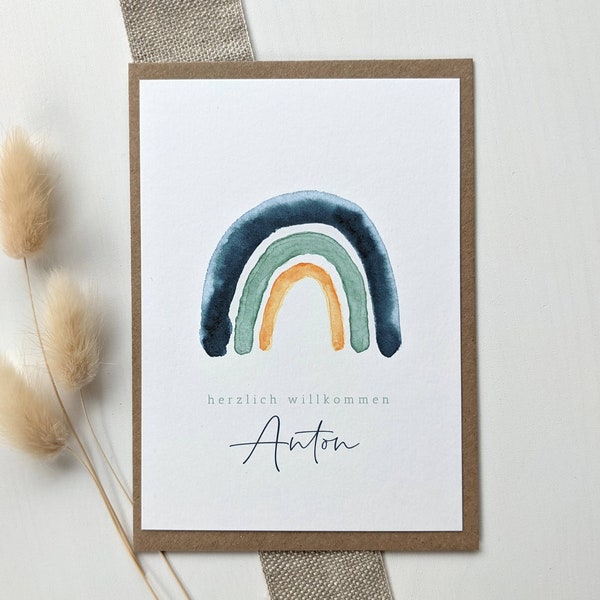 Birth card rainbow blue green yellow, personalized birth card, greetings card with baby name, postcard folding card, baby boy