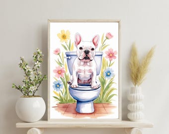 Funny French Bulldog Bathroom Art - Cute Dog Toilet Print - Digital Download - Whimsical Pet Wall Art