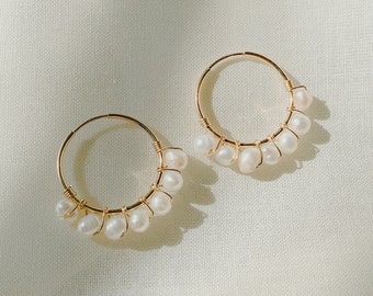 Abigail Demi Pearl Hoops, 14k Gold Filled hoops, Huggie Hoops Earrings