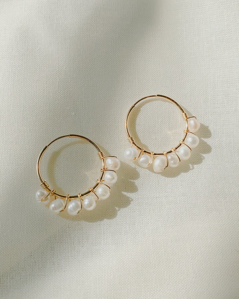 Abigail Demi Pearl Hoops, 14k Gold Filled hoops, Huggie Hoops Earrings image 1