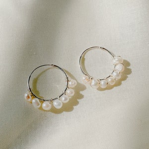 Abigail Demi Pearl Hoops, 14k Gold Filled hoops, Huggie Hoops Earrings image 6