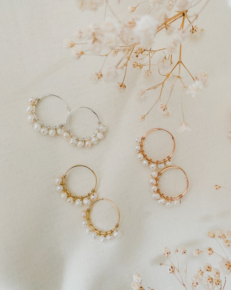 Abigail Demi Pearl Hoops, 14k Gold Filled hoops, Huggie Hoops Earrings image 2