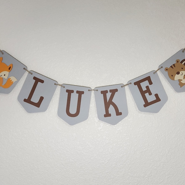 Woodland animals baby shower banner, Woodland baby name banner, Woodland theme baby shower decorations, Custom baby name banner