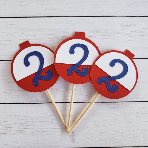 Fishing cupcake toppers, fishing bobber cupcake toppers, the big one cupcake toppers, 2nd birthday decorations, O-fish-ally One