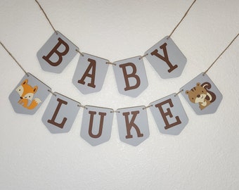 Woodland animals baby shower banner, Woodland baby name banner, Woodland theme baby shower decorations, Custom baby name banner