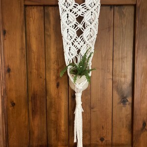 May include: White macrame plant hanger with a small potted plant hanging from it. The hanger is attached to a piece of driftwood and is hanging on a wooden door.