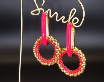 Hot Pink Hoop Earrings with a ring-shaped charm - artisan handmade/handcrafted gift