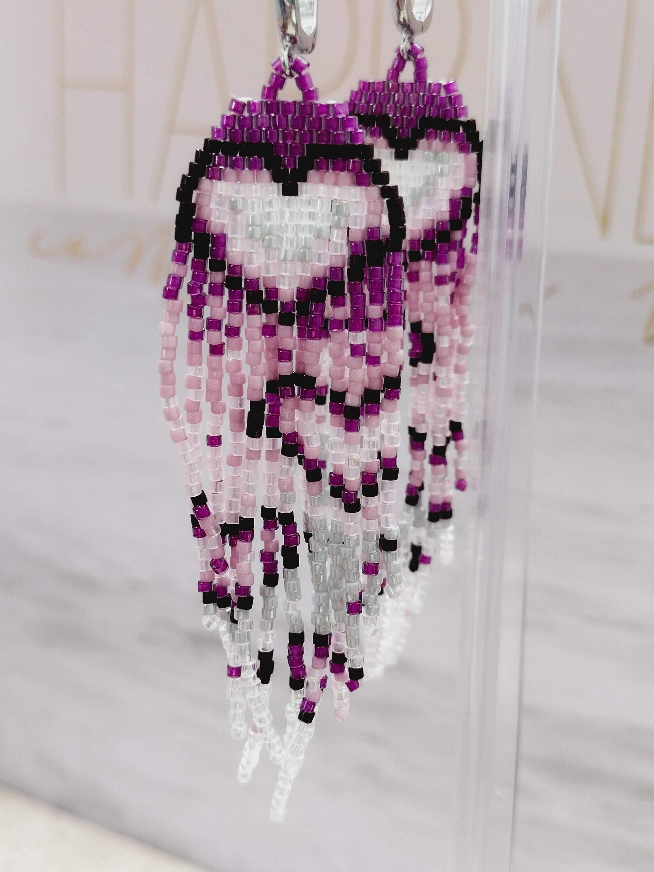 Heart Fringe Purple and Pink Earrings Drop Beaded Earrings Lovely
