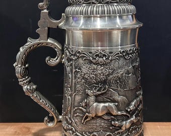 Vintage Austrian Beer Stein Pewter Stag Deer Hunt Horseback Hunting Parforce OUT OF PRODUCTION