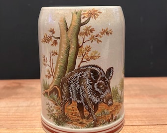 Vintage German Beer Mug Stoneware Wild Boar Razorback Beer Mug 20 ounces
