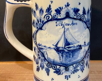 Vintage Handmade Handpainted Delft Blue Heineken Sailboat and Windmill Stoneware Beer Mug Made in Holland Regina WB marks