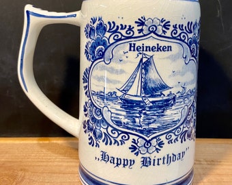 Vintage Handmade Handpainted Delft Blue Heineken Happy Birthday Stoneware Beer Mug Made in Holland Artist G.K.B.