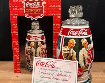 Vintage Coke Beer Stein Coca Cola Print Ads Historical Slogans Case of Coke Bottles Figurine Lid Original Box & CoA Individually Numbered