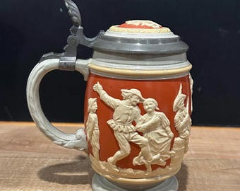 Antique Villeroy & Boch Mettlach 2086 Peasant Dance Beer Stein – 1/4L Relief Stoneware Pewter Lid Germany