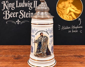 Vintage German King Ludwig II Castles Neuschwanstein Porcelain Beer Stein Lithopane