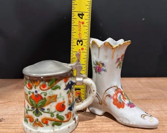 Vintage Miniature Floral Beer Stein & Beer Boot Set Made in Germany Elfinware Beer Boot