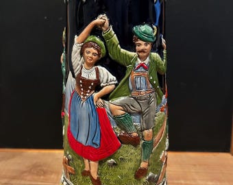 Vintage GERZ Germany 1.5 Liter Beer Stein – Bavarian Alpine Dancers Musician Edelweiss Stein German Wedding Celebration Oktoberfest