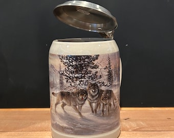 Vintage Stoneware German Beer Stein Timberwolf Wolf Wildlife Artist Walter  Liebel
