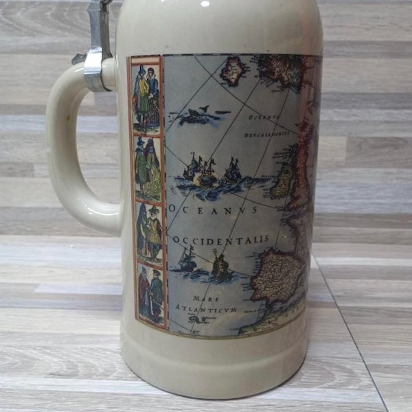 Vintage Old World Europa European Map Stoneware Beer Stein 1 Liter