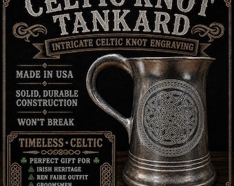 36 ounce Stainless Steel Celtic Dara Knot Beer Tankard Mug Ren Faire Celtic Irish Wedding Goblet Stein Made in USA St Patrick’s Day Stein