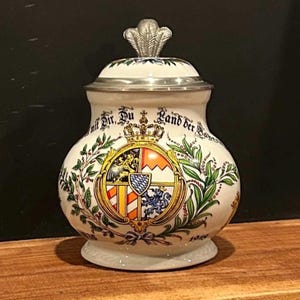 Vintage German Potbelly Beer Stein “God Be With You, Land of Bavaria” Porcelain Bavarian Coat of Arms Porcelain Inlay Pewter Lid