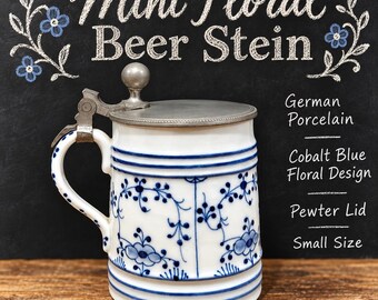 Vintage German Strohblume Style Strawflower Beer Stein – Blue White Floral Porcelain Pewter Lid – Small Lidded Stein Coffee Cup