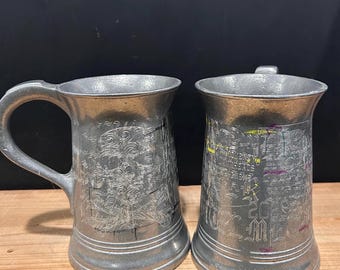 Set of 2 Engraved Graffitti New Stainless Steel Beer Tankard Mug 36 oz Unique Tankard Oktoberfest Beer Stein Ren Faire Medieval