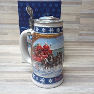 Vintage Anheuser Busch Beer Stein, Clydesdales Winter Scene, 1995 Holiday Edition