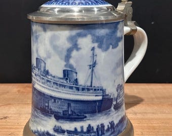 Vintage Nautical German Beer Stein SS Bremen on River Weser Bremerhaven dock 1928 Nautical Compass Inlay Limited Edition Porcelain & Pewter