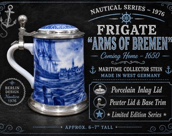 Vintage German Porcelain Beer Stein Frigate Arms of Bremen Coming Home in 1650 Limited Edition Nautical History Series