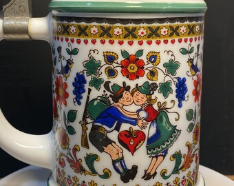 Vintage German Lover’s Floral Porcelain Beer Stein Wedding Couple Gift