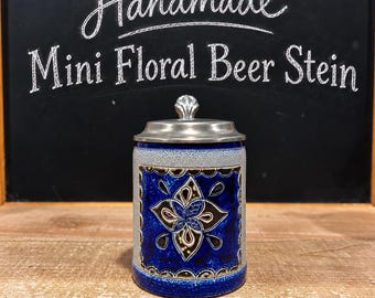 Vintage German Handarbeit 1/4 L Beer Stein – Cobalt Blue Floral Salt Glaze Stoneware Pewter Lid – Small Lidded Stein Coffee Cup Size