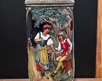 Vintage German Beer Stein Lindenwirtin Tall 15 inches 2 Liter (67 ounces) "Keinen Tropfen Im Becher Mehr" Not a Drop Left in The Cup