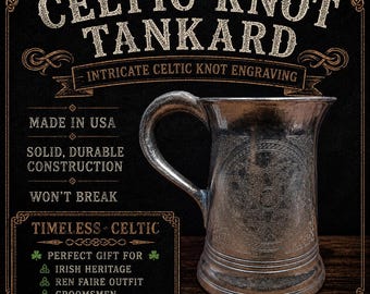 36 ounce Stainless Steel Celtic Knot Beer Tankard Medieval Stein Mug Ren Faire Celtic Irish Wedding Goblet Stein Made in USA