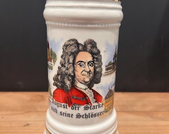 Vintage Porcelain German Beer Stein Augustus the Strong (August der Starke) 13 inch tall Figurine Pewter Lid