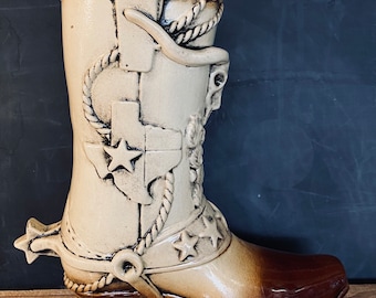 Texas Das Boot Cream and Brown | German Beer Boot Stoneware Longhorn