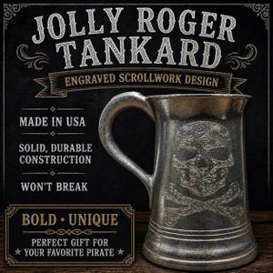 Jolly Roger StatesMetal Tankard Skull CrossBones Pirate Beer Tankard Mug, 36 oz Ren Faire Pirate’s Stein Made in USA