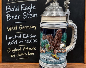 Vintage Thewalt Bald Eagle Beer Stein – West Germany Limited Edition 1681/10000 James Lim Eagle Trout Pewter Lid