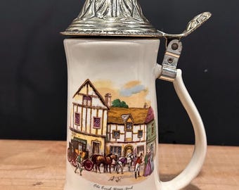 Vintage Old Coach House York Beer Stein with Pewter Lid | English Village Tavern Mug | Horse Carriage Scene Made in USA