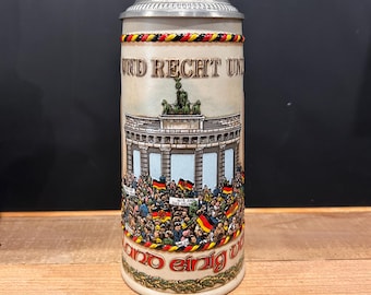 Vintage German Beer Stein “Deutschland Einig Vaterland” –  United Germany Cities Map – Berlin Wall  0.7 L capacity