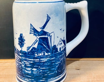 Vintage Delft Blue Beer Stein, Handmade Floral Windmill Scene