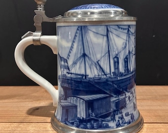 Vintage German Porcelain & Pewter Beer Stein German Emigrants leaving Bremerhaven in 1890 Nautical Compass Inlay Limited Edition