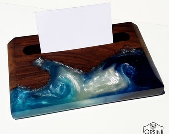 Resin and wood business card holder