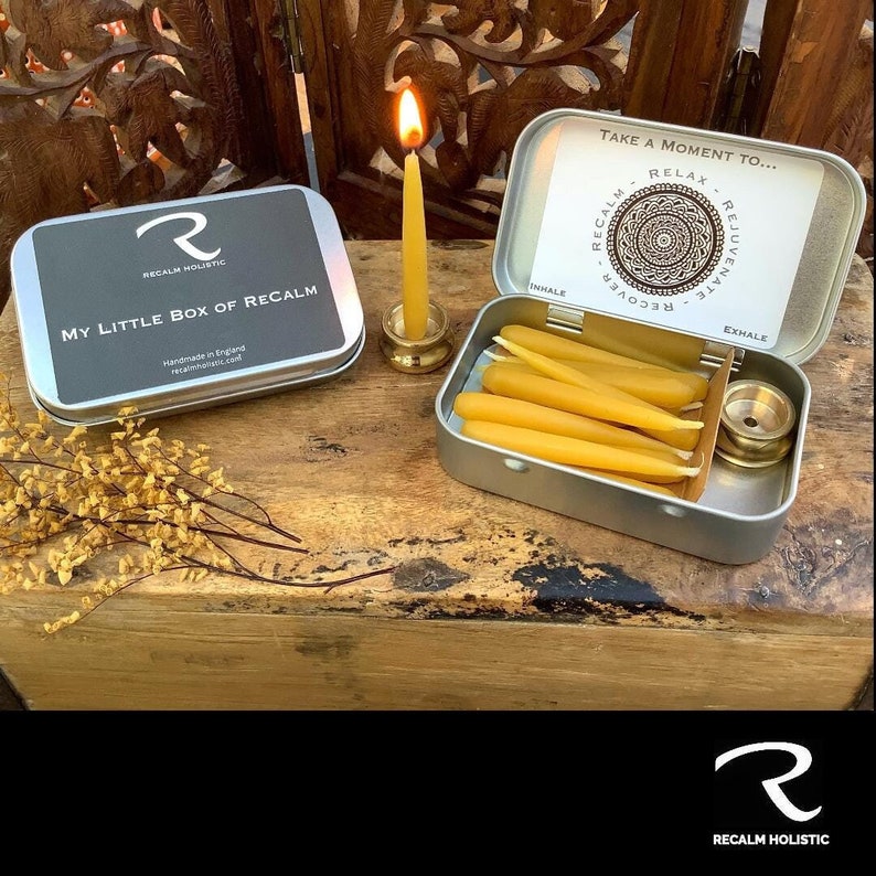 My Little Box of ReCalm, Mini Beeswax Candles, Beeswax Candles, Mindful Moments, Relaxation Gift Box, Leaving Gift Work Colleague, Retirement Gift, Gift For her, Gift For Him, Thinking of you, Taper Beeswax Candles, Gifts in Tins, Meditation, Yoga